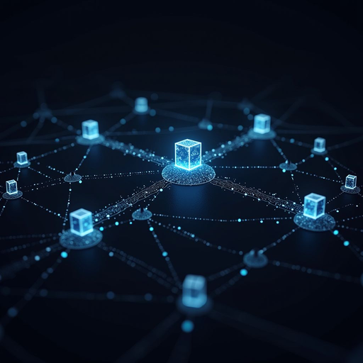 Visualization of a distributed blockchain network showing multiple interconnected nodes with data transmission paths, representing decentralized consensus mechanism