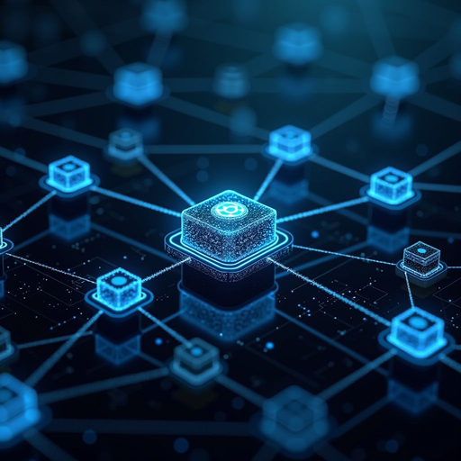 Abstract visualization of blockchain network with interconnected nodes, digital ledger blocks, and cryptographic elements representing distributed technology infrastructure