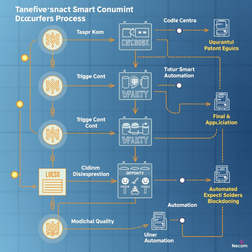 Flowchart demonstrating smart contract execution process from trigger conditions through code verification, automated execution, and final recording on blockchain with visual indicators for each step
