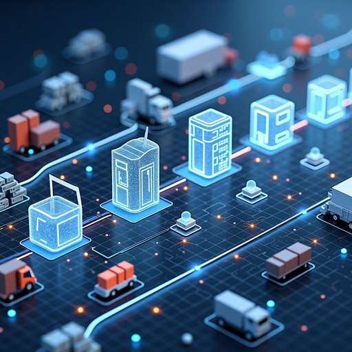 Illustration of supply chain tracking using smart contracts, showing products moving through manufacturing, shipping, and delivery stages with automated verification and payment release at each checkpoint