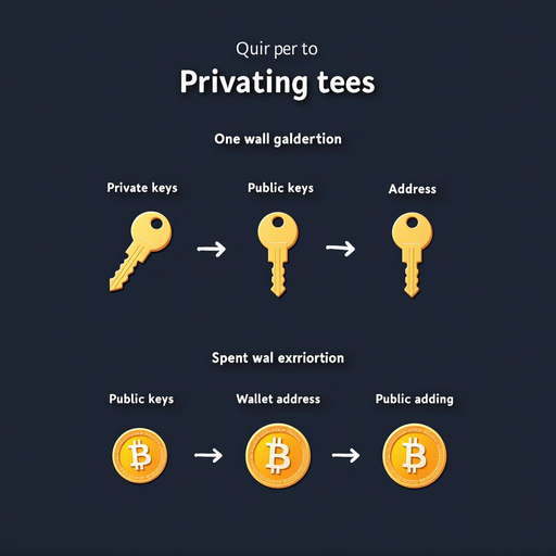 Simple educational diagram showing the relationship between private keys, public keys, and wallet addresses, with arrows indicating the one-way derivation process and icons representing security and sharing concepts