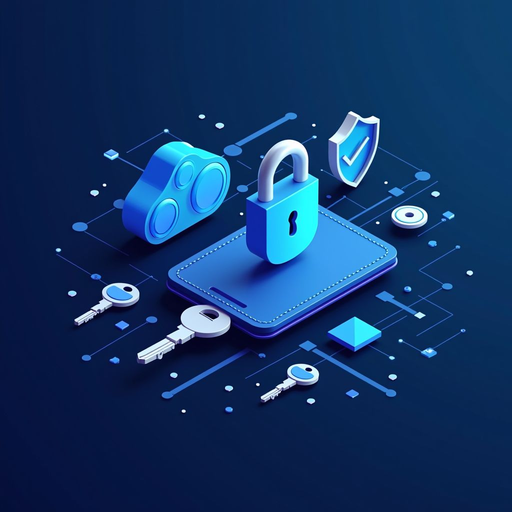 Secure digital wallet illustration featuring hardware wallet device, private keys, and security shield symbols in a professional blue color scheme emphasizing protection and safety