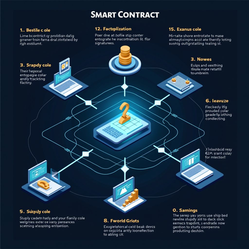Infographic showing smart contract execution steps on blockchain platform with visual representation of self-executing code, automated agreement enforcement, digital signatures, and real-world applications in supply chain tracking and identity verification systems