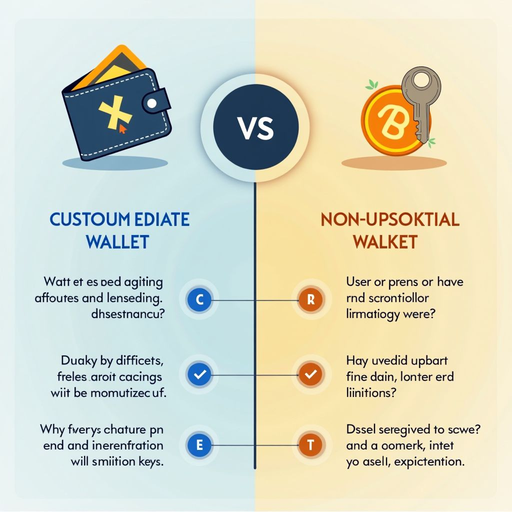 Side-by-side comparison infographic showing custodial wallet (with service provider icon and user) versus non-custodial wallet (with user holding keys directly), highlighting key differences in control, responsibility, and security