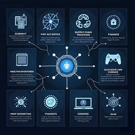 Visual grid displaying six major industry applications of smart contracts and DApps including decentralized finance, supply chain tracking, healthcare records, property transactions, blockchain gaming, and digital identity with representative icons for each sector