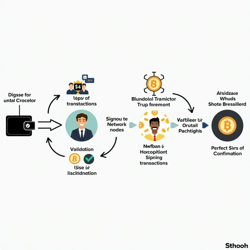Educational flowchart showing the complete transaction process from wallet creation through signing, broadcasting to network nodes, validation, and blockchain confirmation, with clear icons and arrows indicating each step