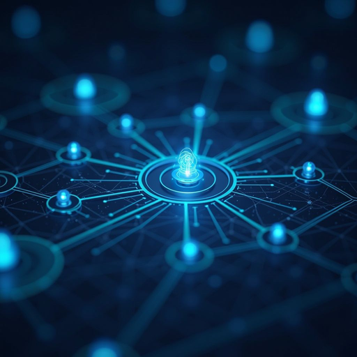Technical diagram showing consensus mechanisms with network nodes, validation processes, and distributed agreement visualization in professional blue tones with connecting lines and data flow