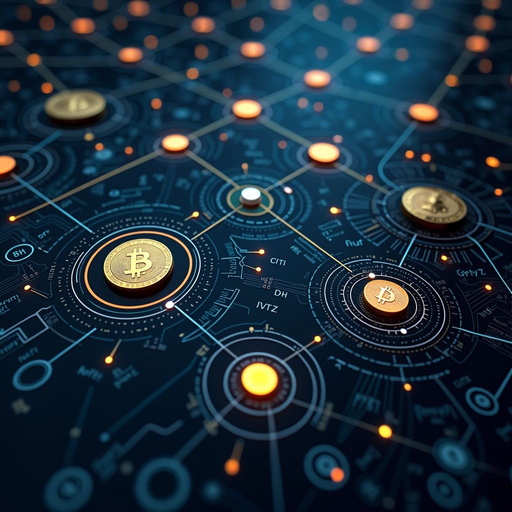 Technical diagram illustrating cryptographic elements in blockchain including hash functions, public-private key pairs, digital signatures, and Merkle tree structure with visual connections