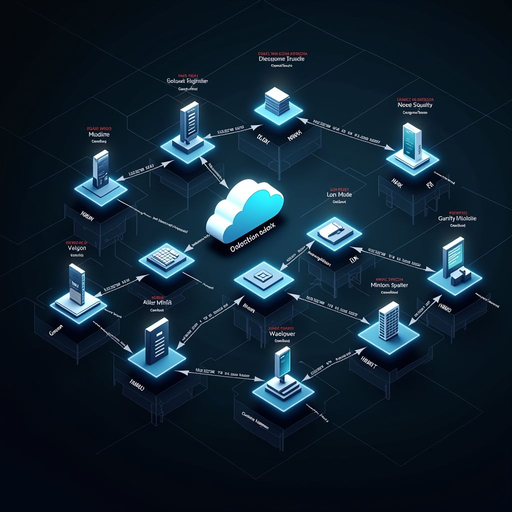 Comprehensive network diagram showing different node types, their connections, data flow patterns, and communication protocols in a distributed blockchain network